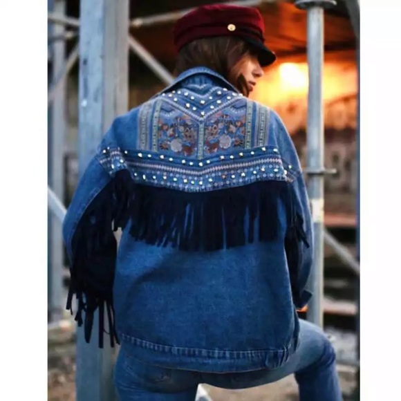 SOLD OUT Oversized Denim Stud Fringe Embroidered Jacket - Picture 4 of 6